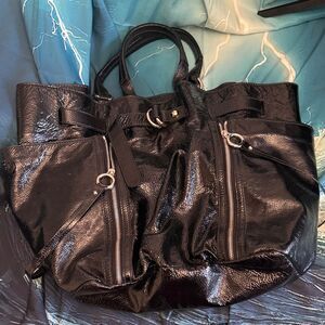 Authentic Dolce & Gabbana Black Patent Leather Tote with Front Zippers